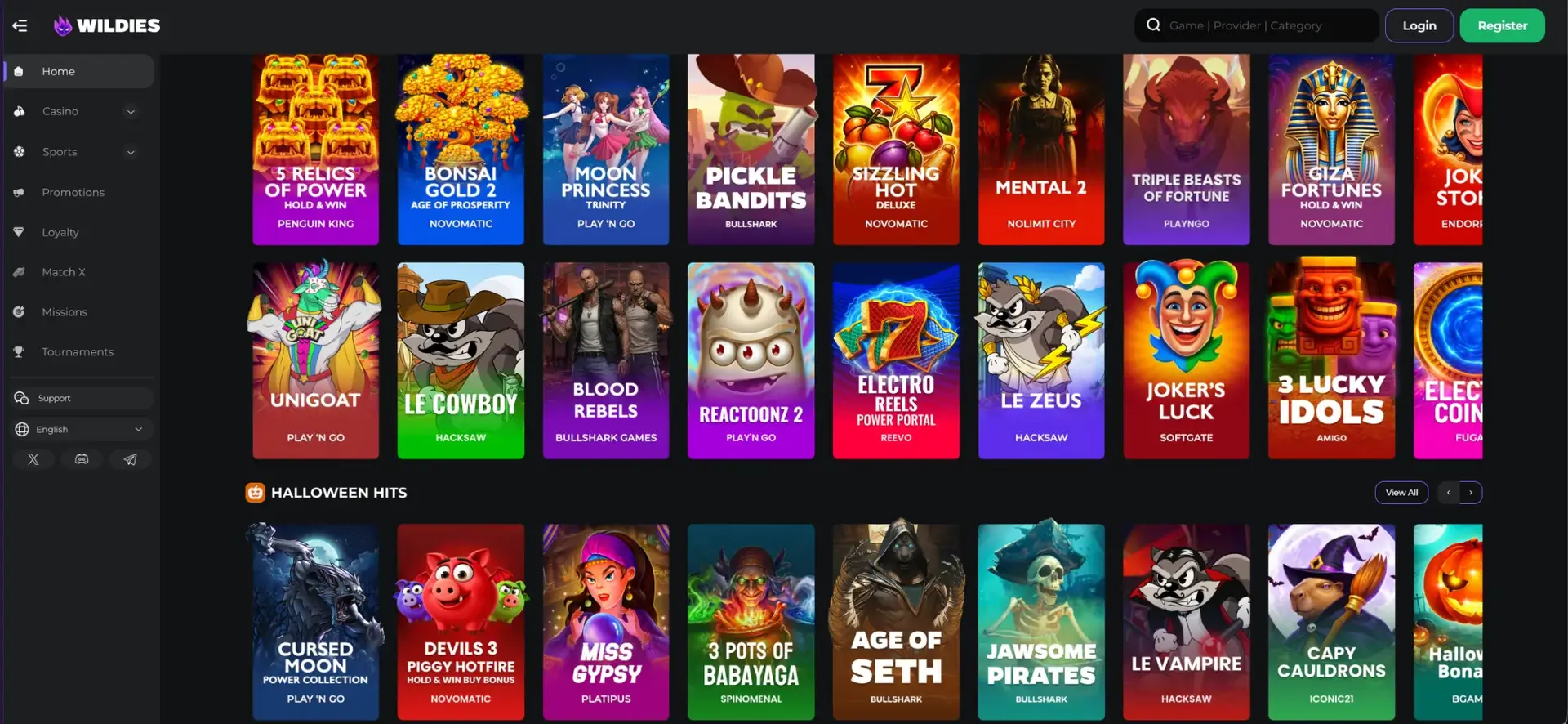 Wildies featured casino games and categories