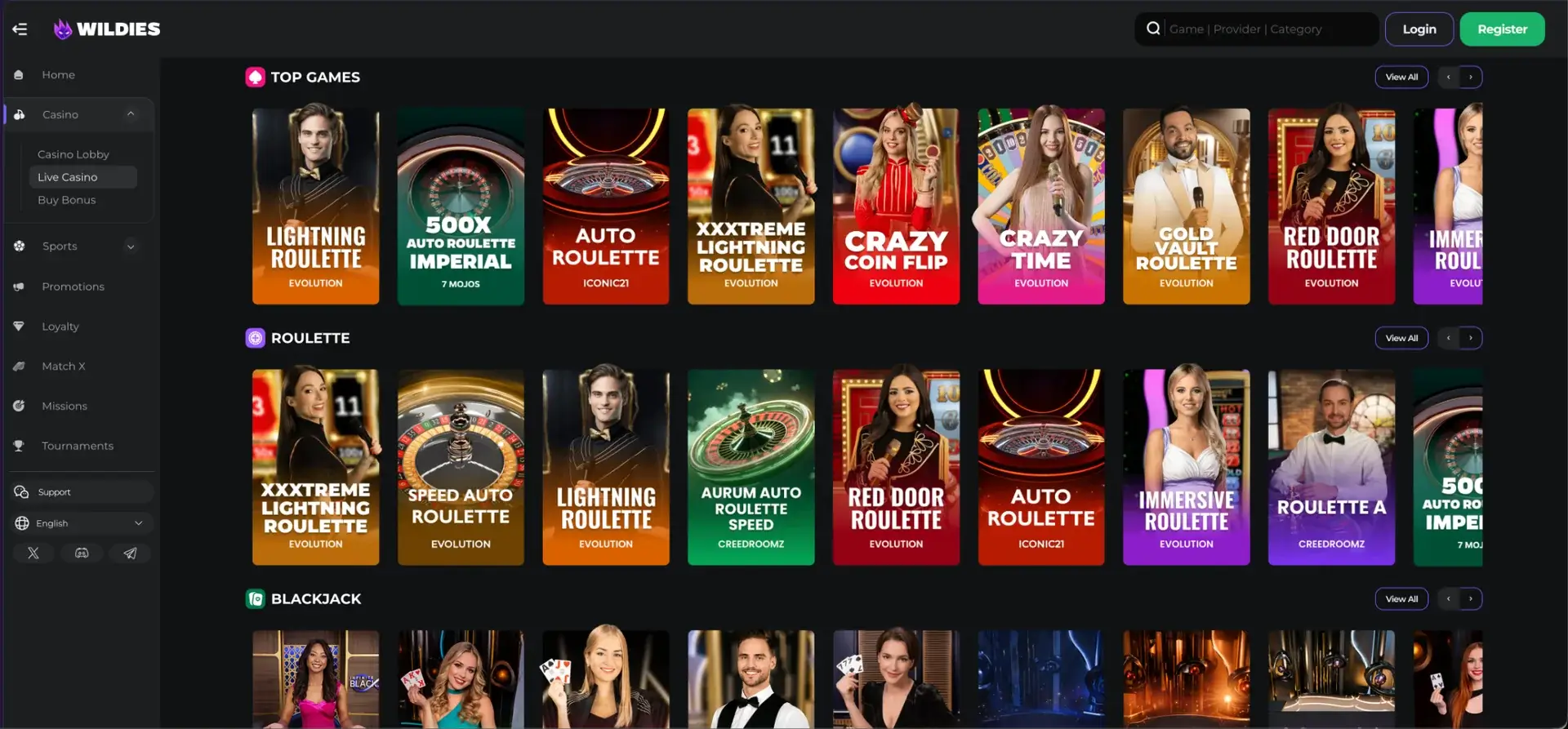 Wildies live casino tables and game shows